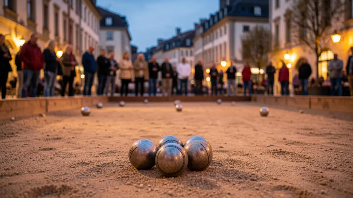 Generic image of a pétanque arena set up in a public square at dusk, with blurred spectators in the background and a close-up on boules on the sand, warm ambient lighting.