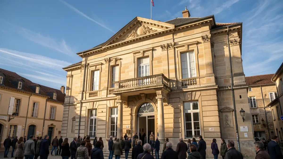 Facade of the town hall of Saint-Étienne-de-Saint-Geoirs, Auvergne-Rhône-Alpes region, under the afternoon sun.