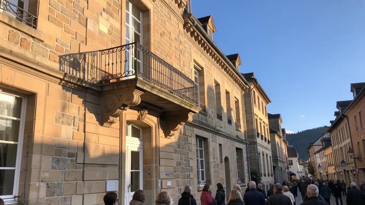 Generic image of a stone town hall facade with a balcony and iron railings, in the afternoon sun.