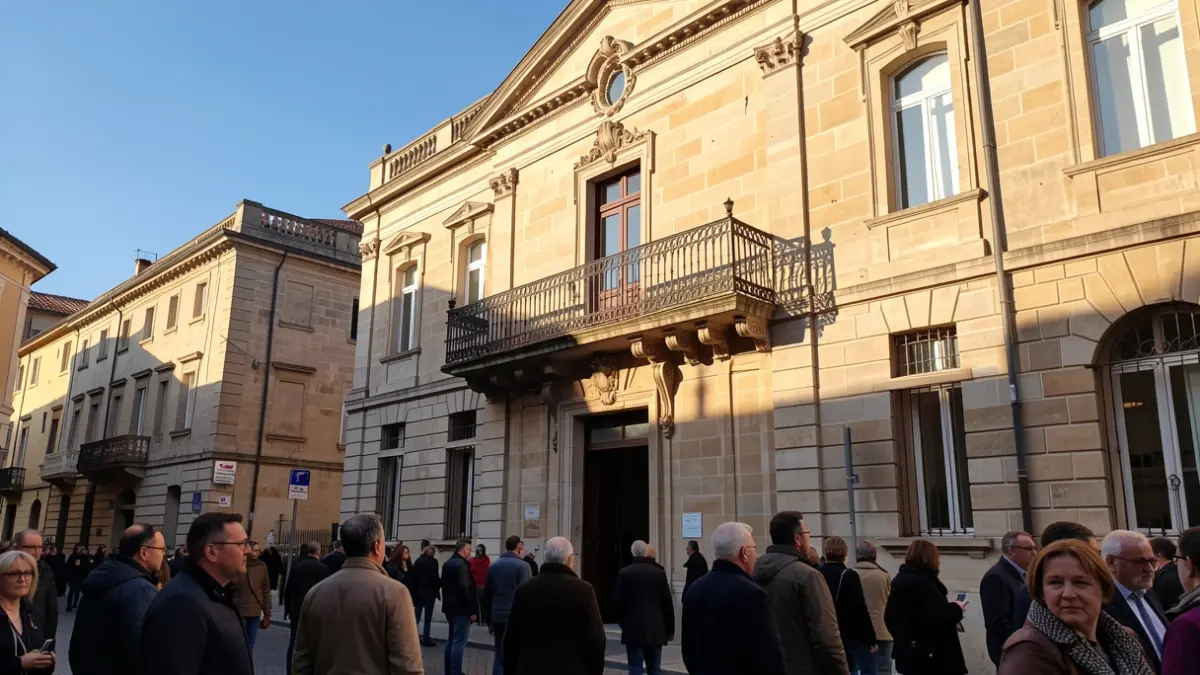 Generic image of a town hall facade with an ornate balcony and iron railings, warm afternoon sunlight casting shadows on sandstone walls, blue sky.