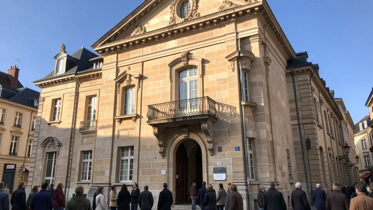 Generic image of a stone town hall facade in Saint-Étienne, with an ornate balcony and blue sky.