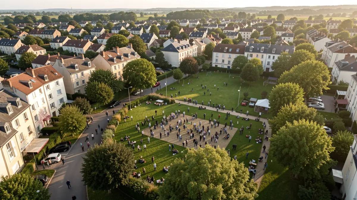 Image générique d'un quartier résidentiel avec des espaces verts et des bâtiments communautaires.