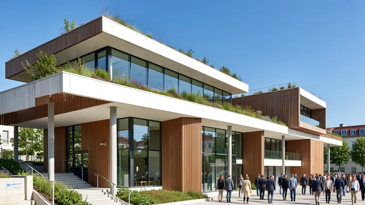 Generic image of modern architectural details of research and innovation buildings, featuring green elements and a blue sky.