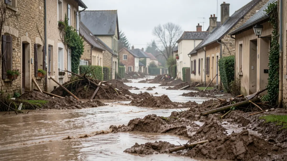 Generic image of flooded streets and houses in a French village, with debris and mud visible. The sky is overcast, suggesting recent heavy rain. The scene depicts the aftermath of severe flooding and mudslides.