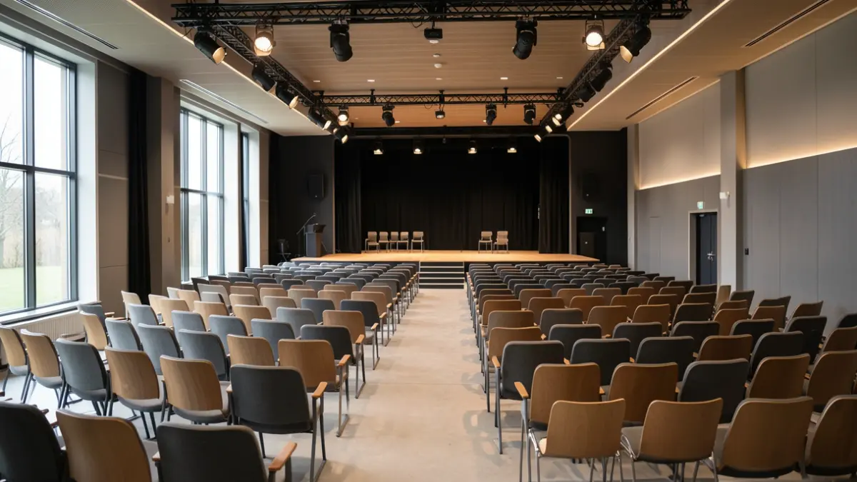 Image générique d'une salle de spectacle modulaire vide, prête pour une résidence d'artistes.