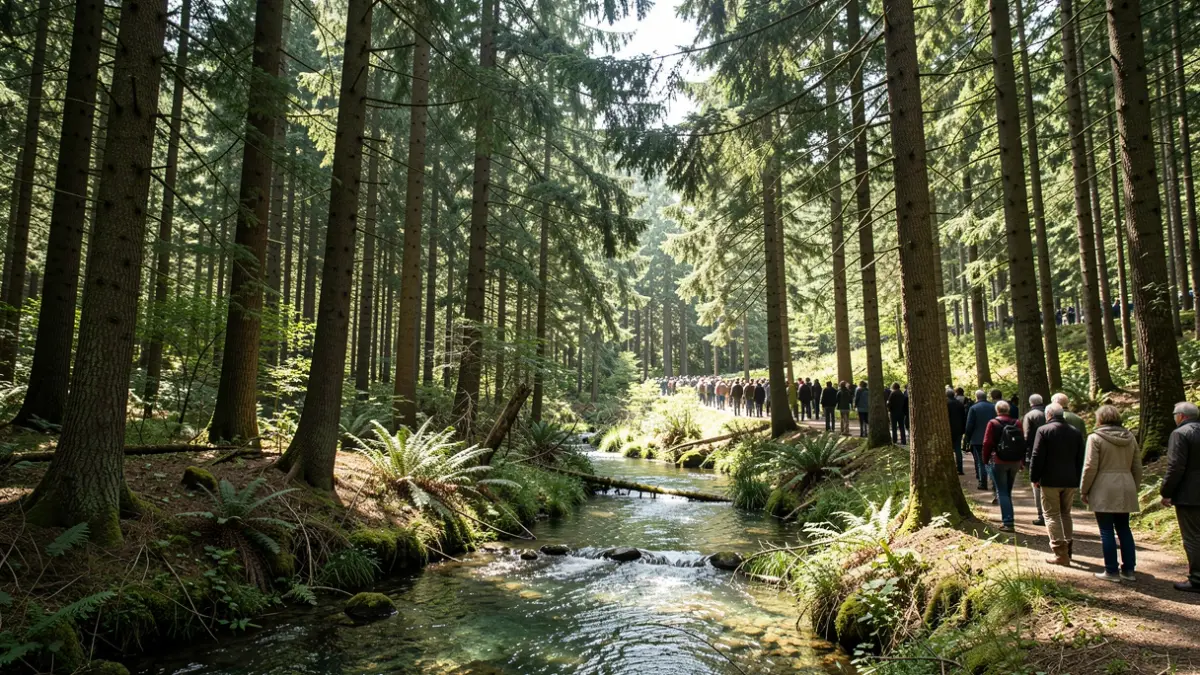 Forêt dense de douglas avec gestion forestière en cours.