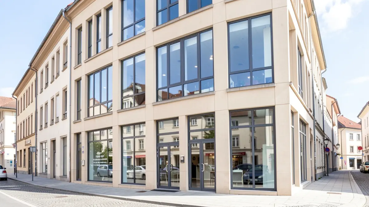 Image générique d'une façade de bâtiment commercial moderne avec de grandes fenêtres, située en centre-ville.