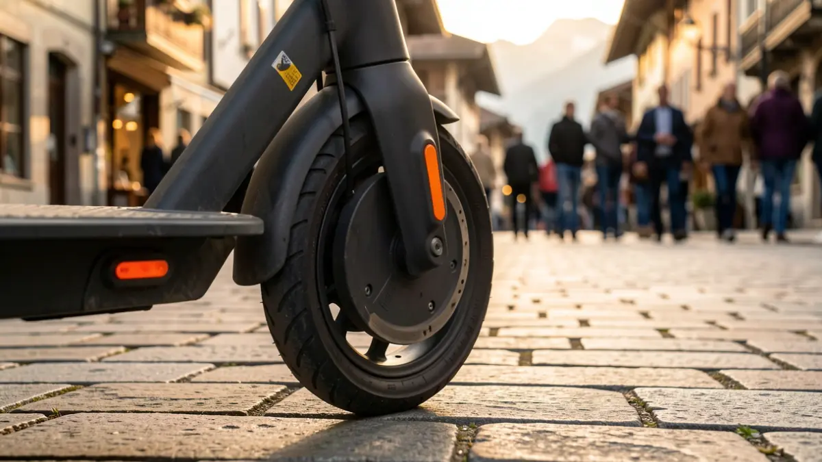Generic image of an electric scooter wheel parked on a paved sidewalk, evening light.