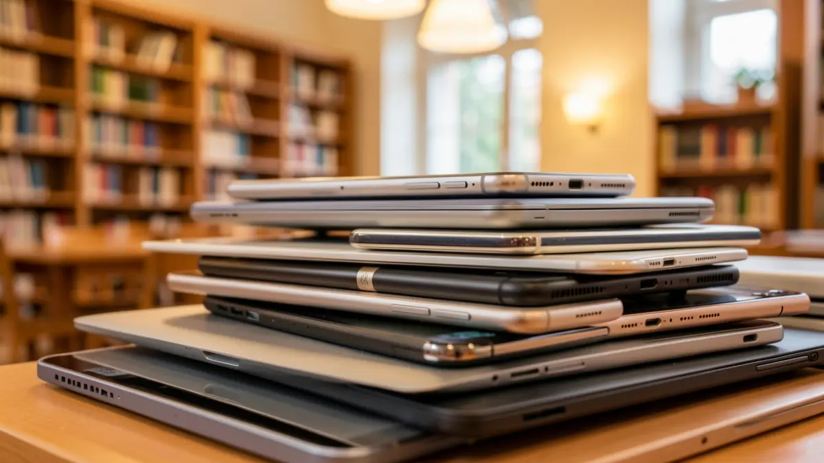 Generic image of various used electronic devices stacked, with a blurred background of a community center.