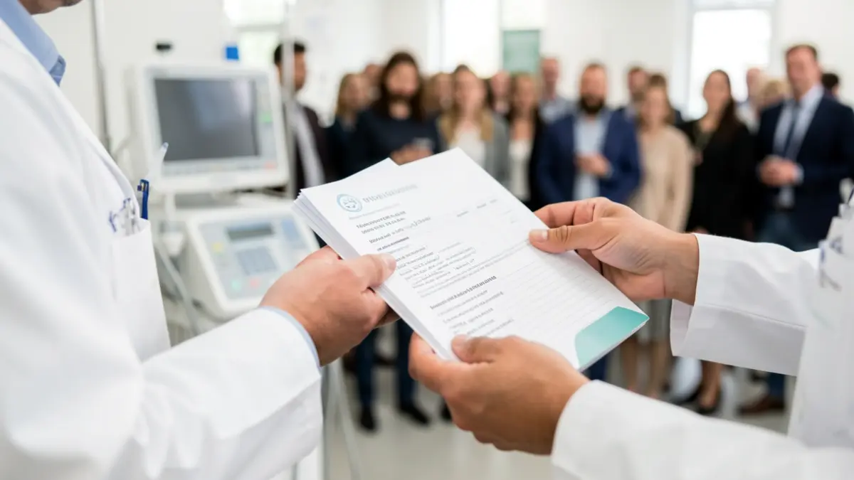Generic image of a health record book held by hands, with blurred medical equipment in the background.