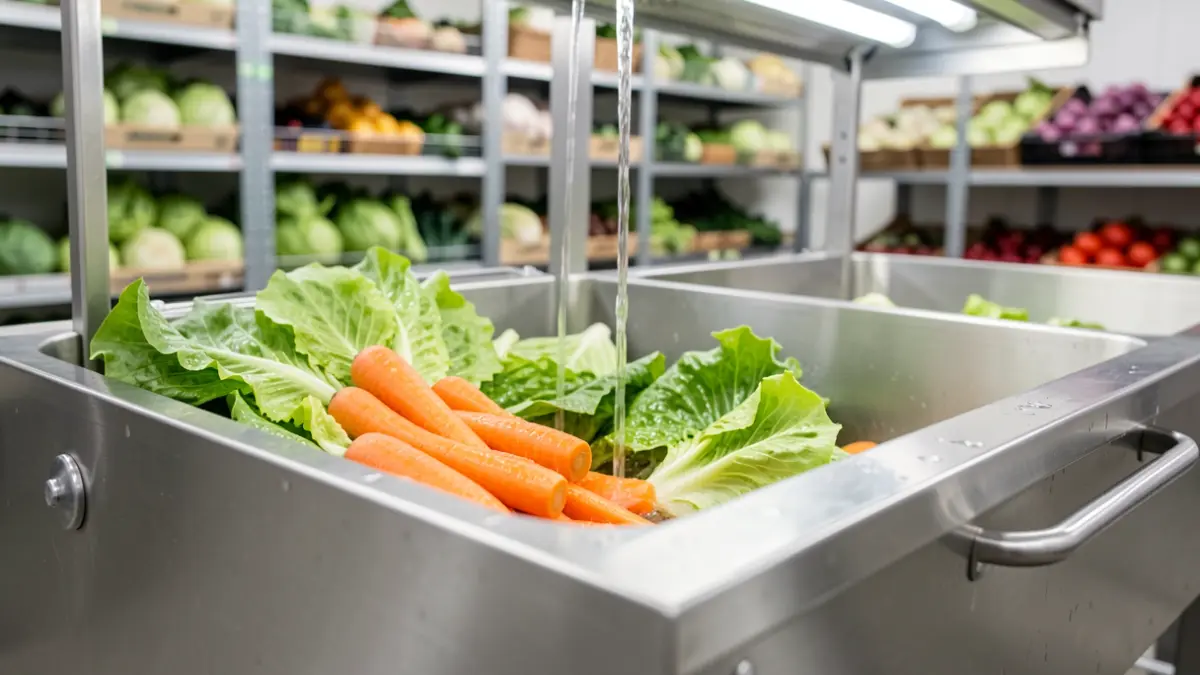 Generic image of fresh vegetables being washed in a modern washing station.