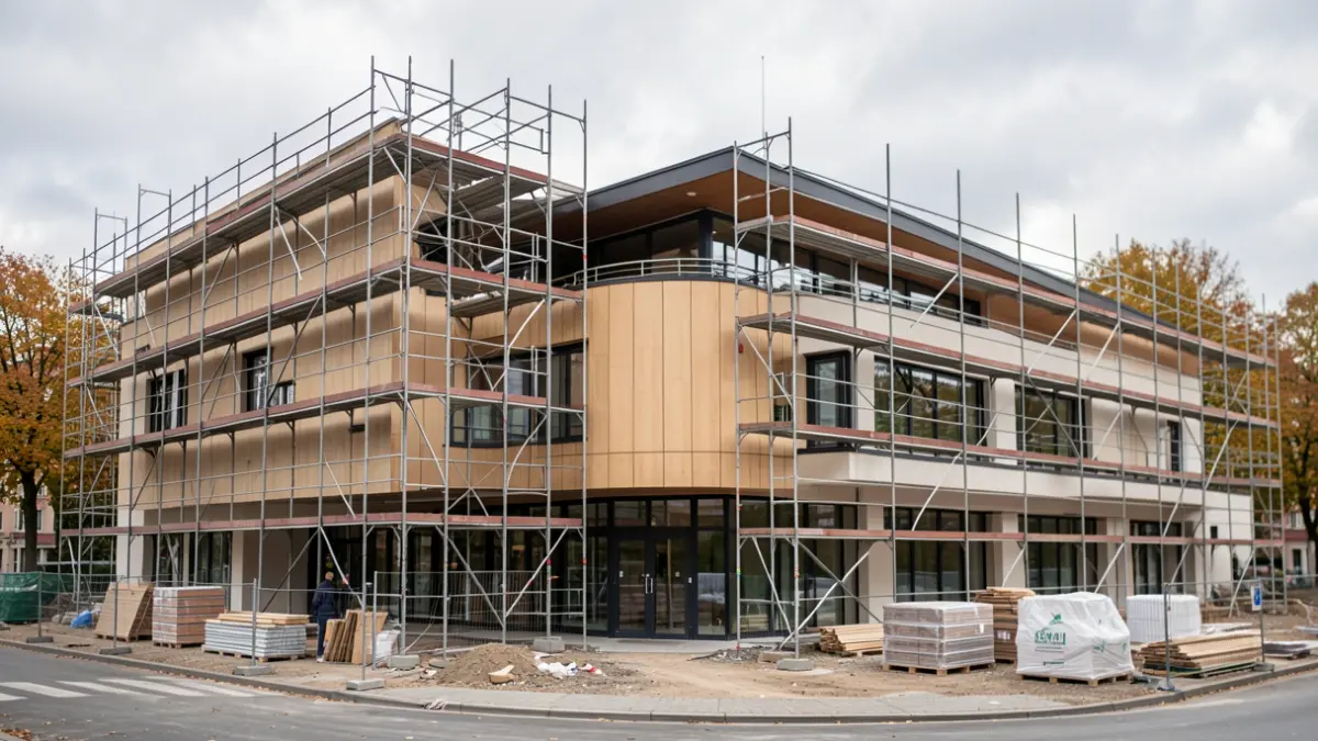 Generic image of a cinema building under construction, with scaffolding and materials.