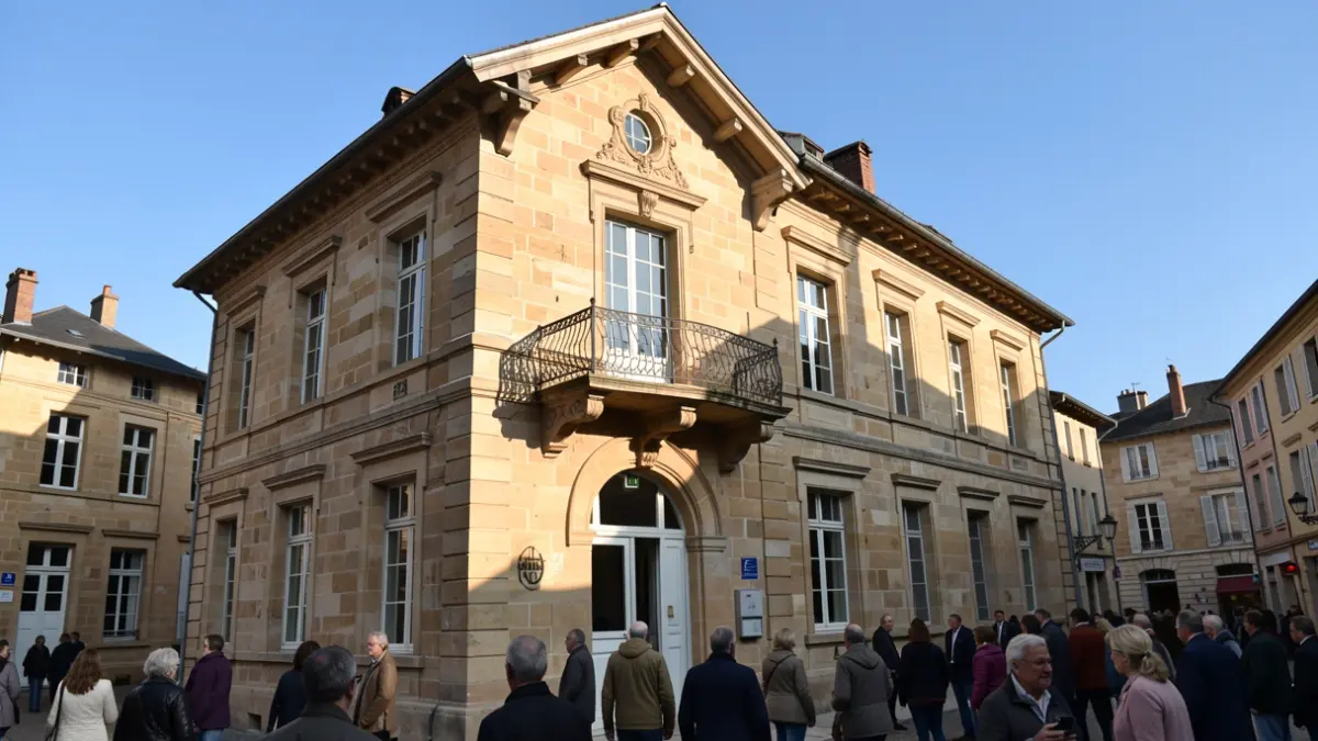 Generic image of a traditional stone town hall facade with a balcony and iron railings, under an afternoon sun.