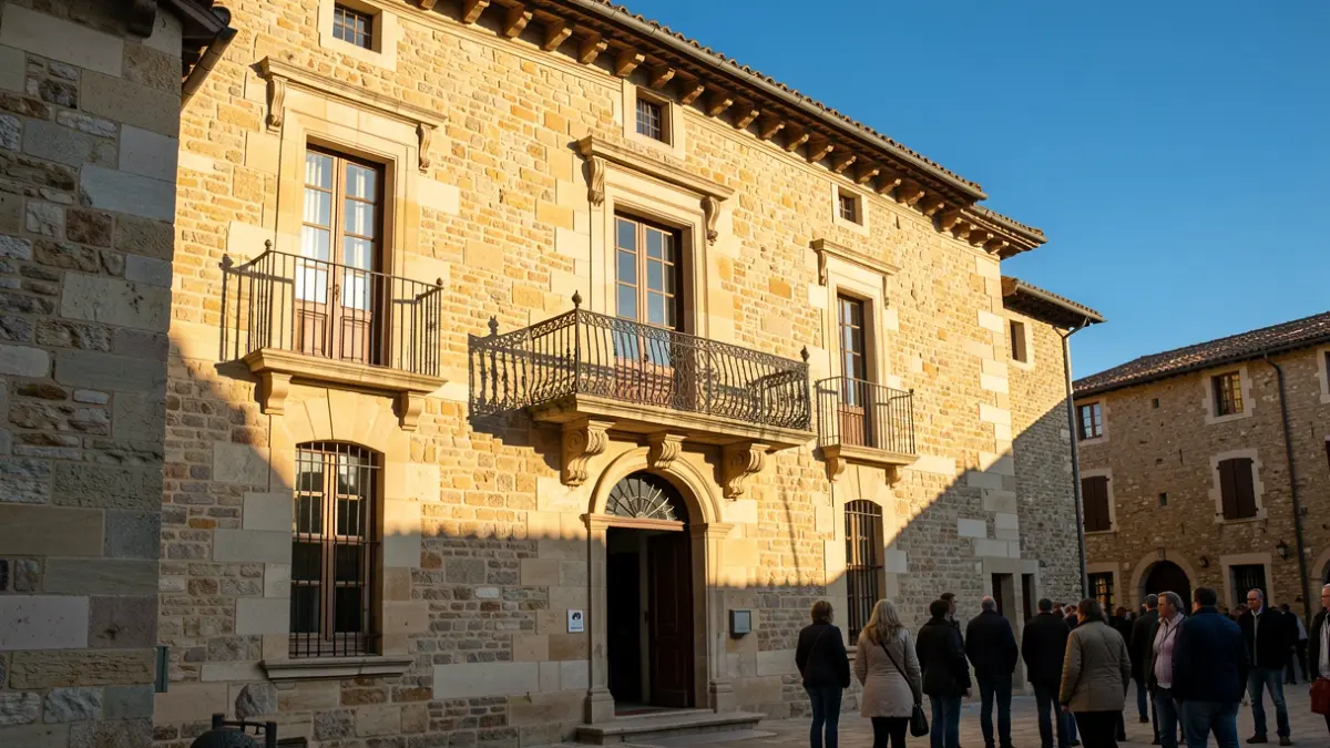 Generic image of a stone town hall facade with an ornate balcony and iron railing, in warm afternoon sunlight.