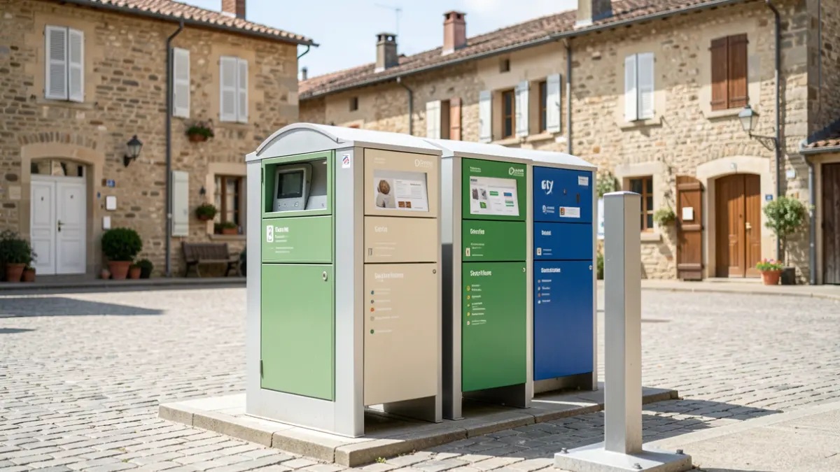 Image générique de nouvelles colonnes de tri installées dans un village.