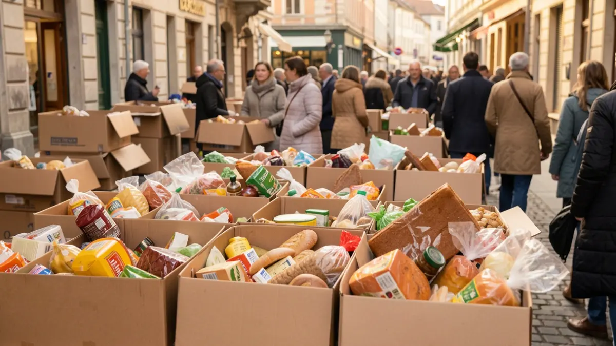 Image générique de boîtes de collecte remplies d'aliments non périssables, symbolisant une collecte pour la banque alimentaire.