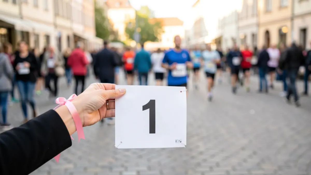 Hand holding a race bib with a pink ribbon, symbolizing the mobilization against breast cancer.