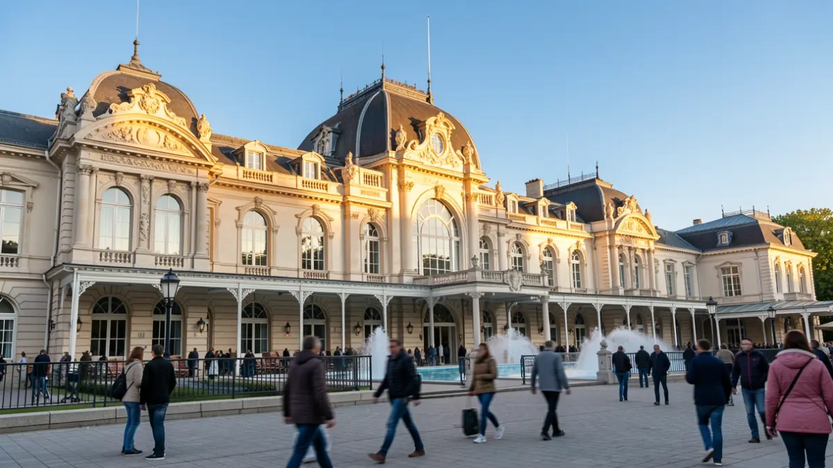 Exterior view of the Vals-les-Bains thermal baths with their ornate architecture, bathed in warm afternoon sunlight. A few blurred figures are visible in the foreground on the pavement. The sky is clear blue.