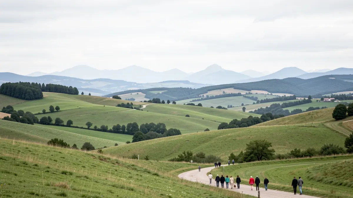 Generic landscape of the Cantal hills under an overcast sky.
