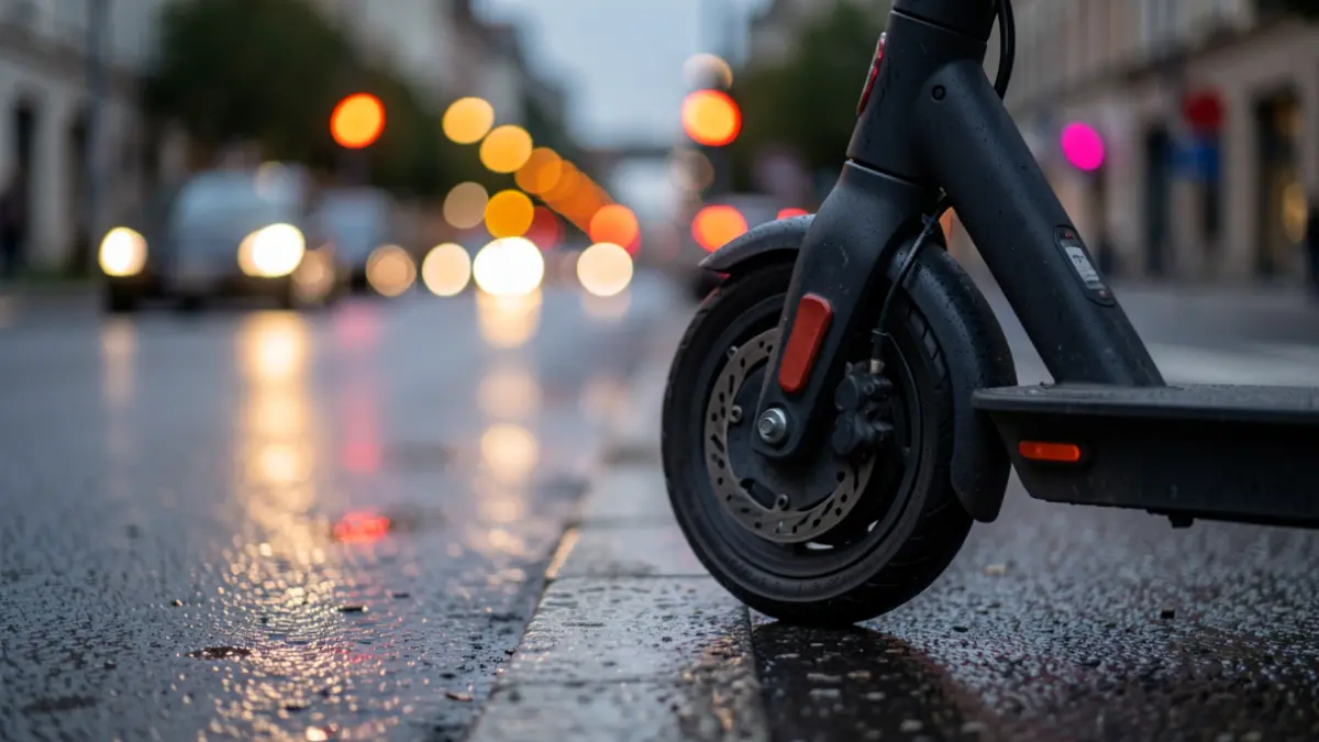 Generic image of an electric scooter wheel on a sidewalk, with blurred traffic lights in the background.