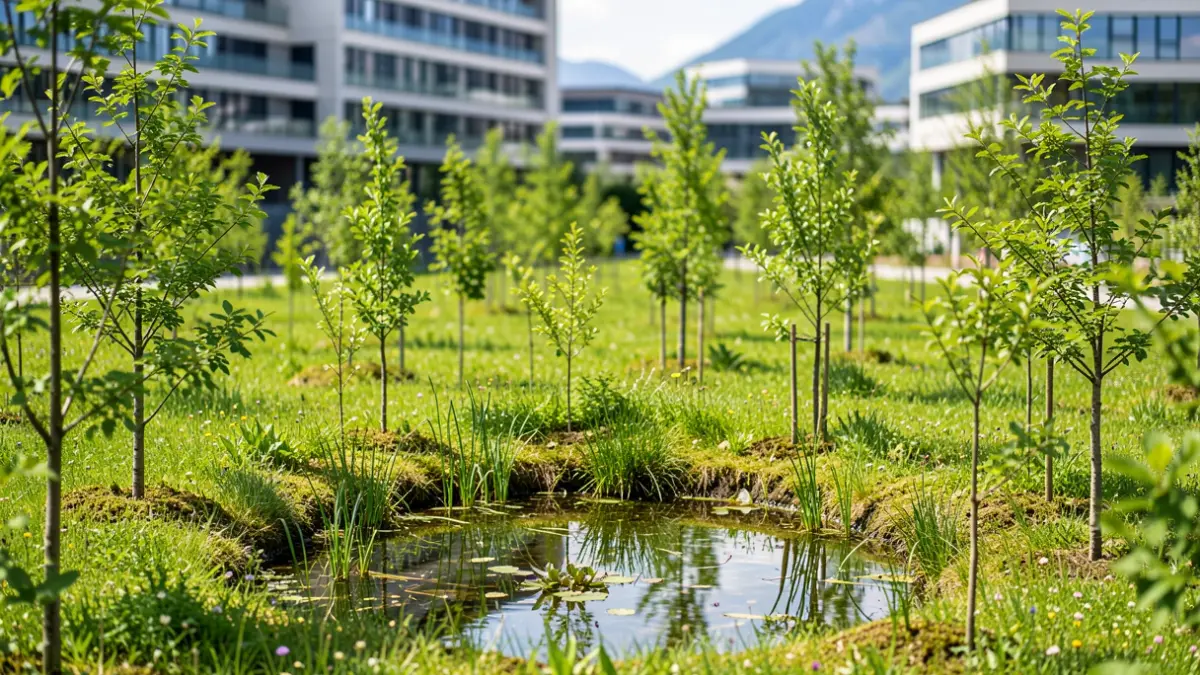 Aménagements écologiques à Savoie Technolac : jeunes arbres, mare écologique et îlots de fraîcheur.