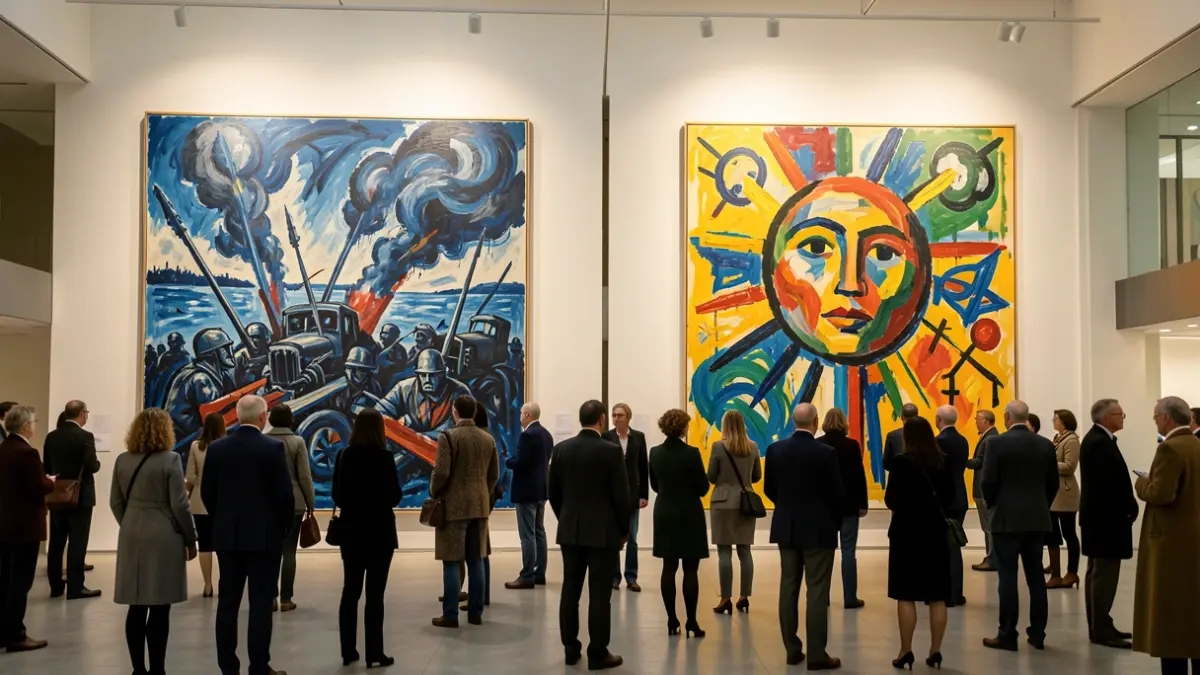 Two monumental abstract paintings, 'War' and 'Peace', displayed in an institutional hall.