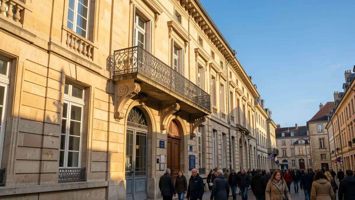 Image générique de la façade en pierre d'une mairie française avec balcon orné et rambardes en fer, soleil d'après-midi chaud projetant des ombres sur les murs en grès, ciel bleu. Architecture Auvergne-Rhône-Alpes.