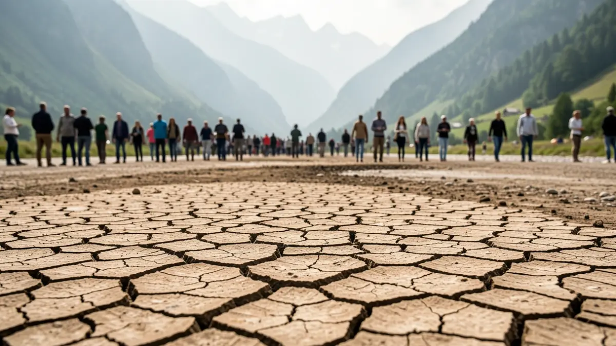 Dry riverbed with cracked earth in the French Alps, blurred green mountains in the background.