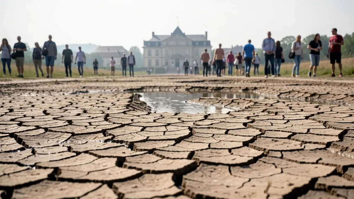 Generic image of drought with a dry riverbed and a blurred administrative building in the background.