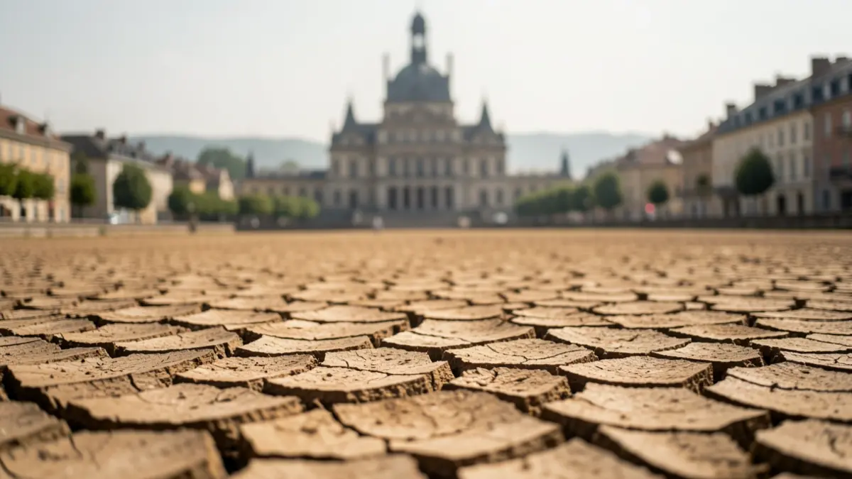 Generic image of a dry riverbed with cracked earth and a blurred town hall facade in the background.