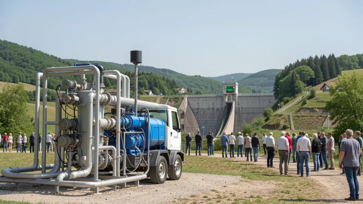 Mobile water treatment station installed in a rural landscape, with a dam and hills in the background.