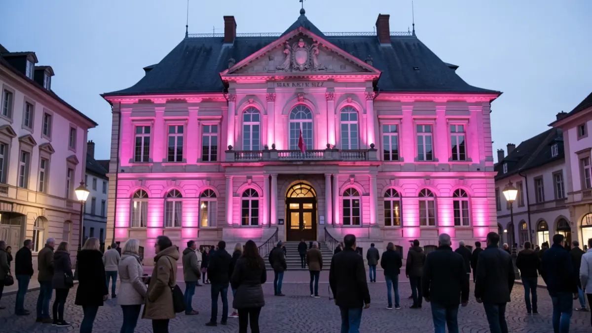 Generic image of the Séez town hall illuminated in pink for October Rose.