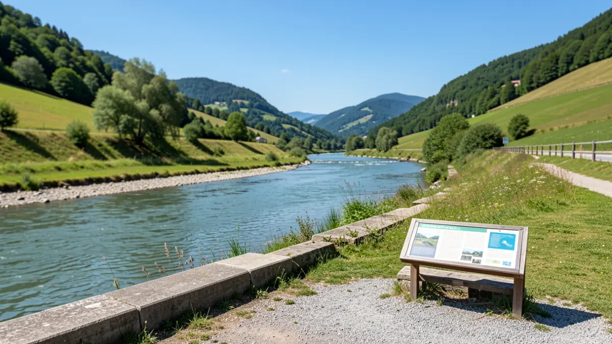 Image générique de la rivière Drac et de ses digues dans la région Auvergne-Rhône-Alpes, avec des panneaux d'information et une maquette.