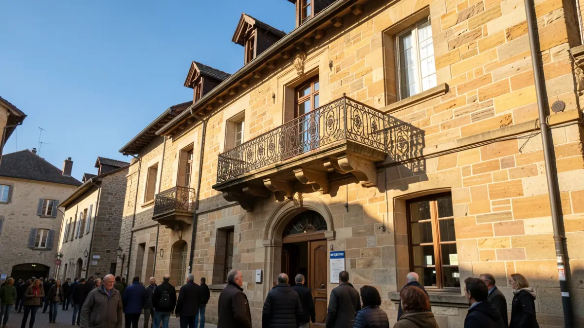 Generic image of a stone official building facade with an ornate balcony and blue sky.