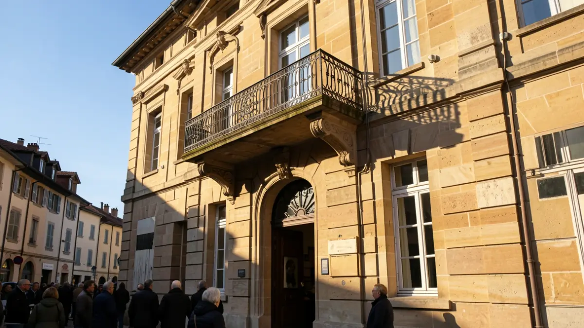 Image générique de la façade d'un hôtel de ville français, avec balcon orné et ciel bleu.