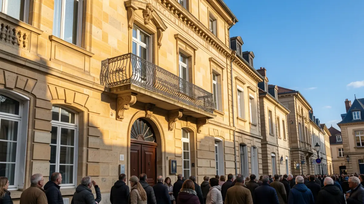 Image générique de la façade d'un hôtel de ville avec balcon orné et balustrade en fer forgé, soleil d'après-midi chaud projetant des ombres sur les murs en grès, ciel bleu. Architecture de la région Auvergne-Rhône-Alpes.
