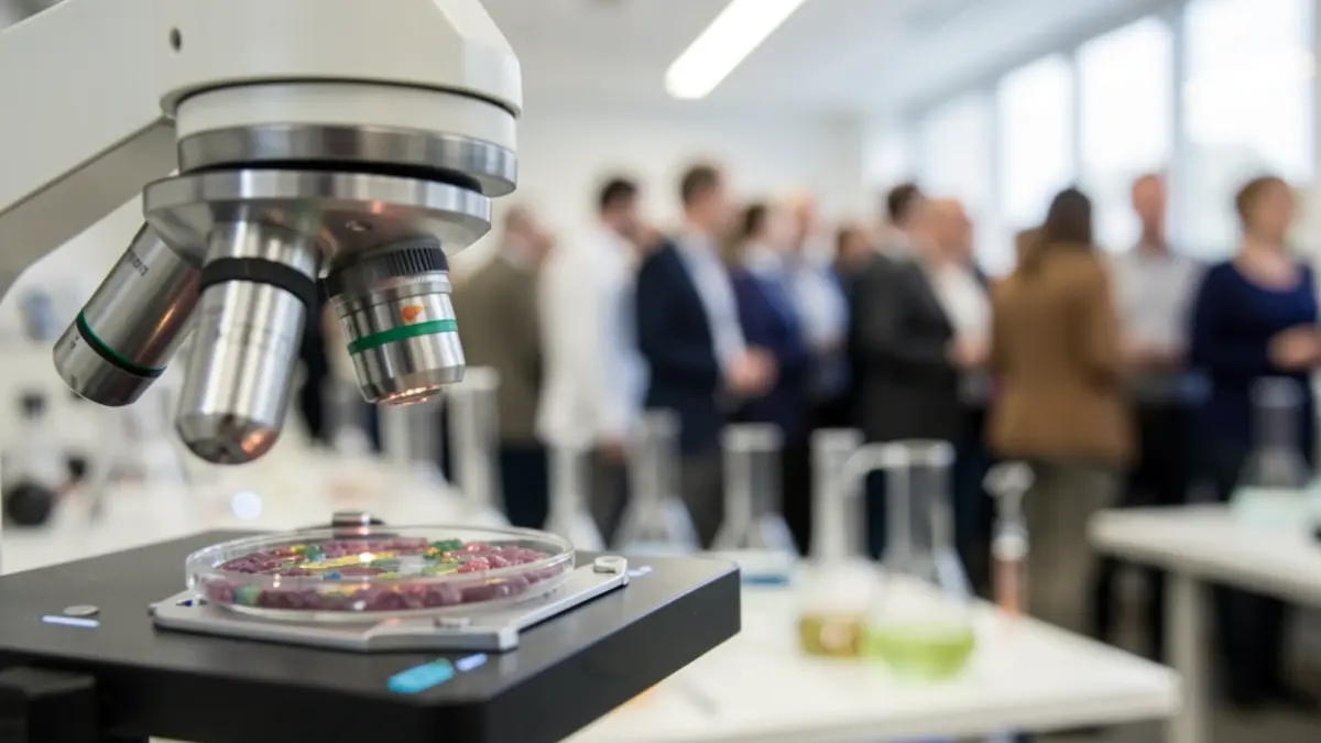 Gros plan d'un objectif de microscope avec un échantillon biologique flou en arrière-plan, éclairage de laboratoire doux, faible profondeur de champ.