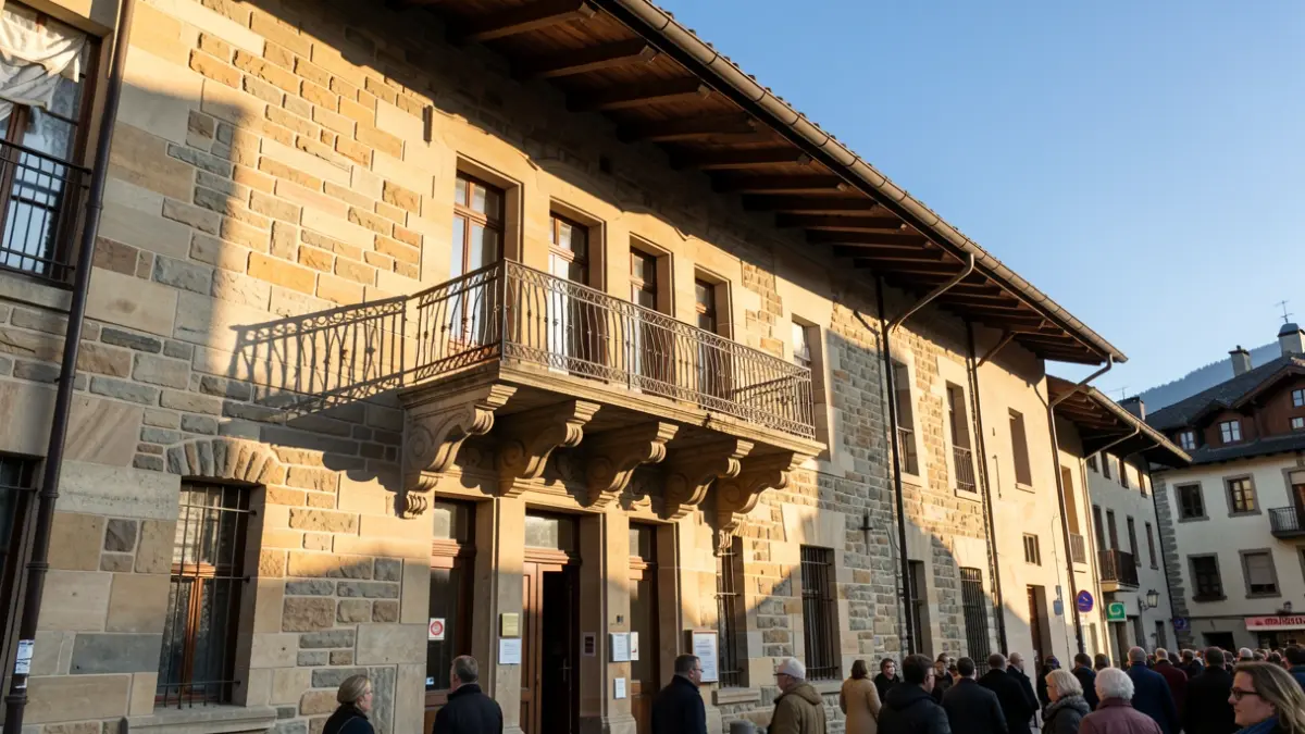 Image générique de la façade d'une mairie en pierre dans les Alpes françaises, avec un balcon orné et des balustrades en fer. Le soleil chaud de l'après-midi projette de longues ombres sur les murs en grès. Ciel bleu clair.