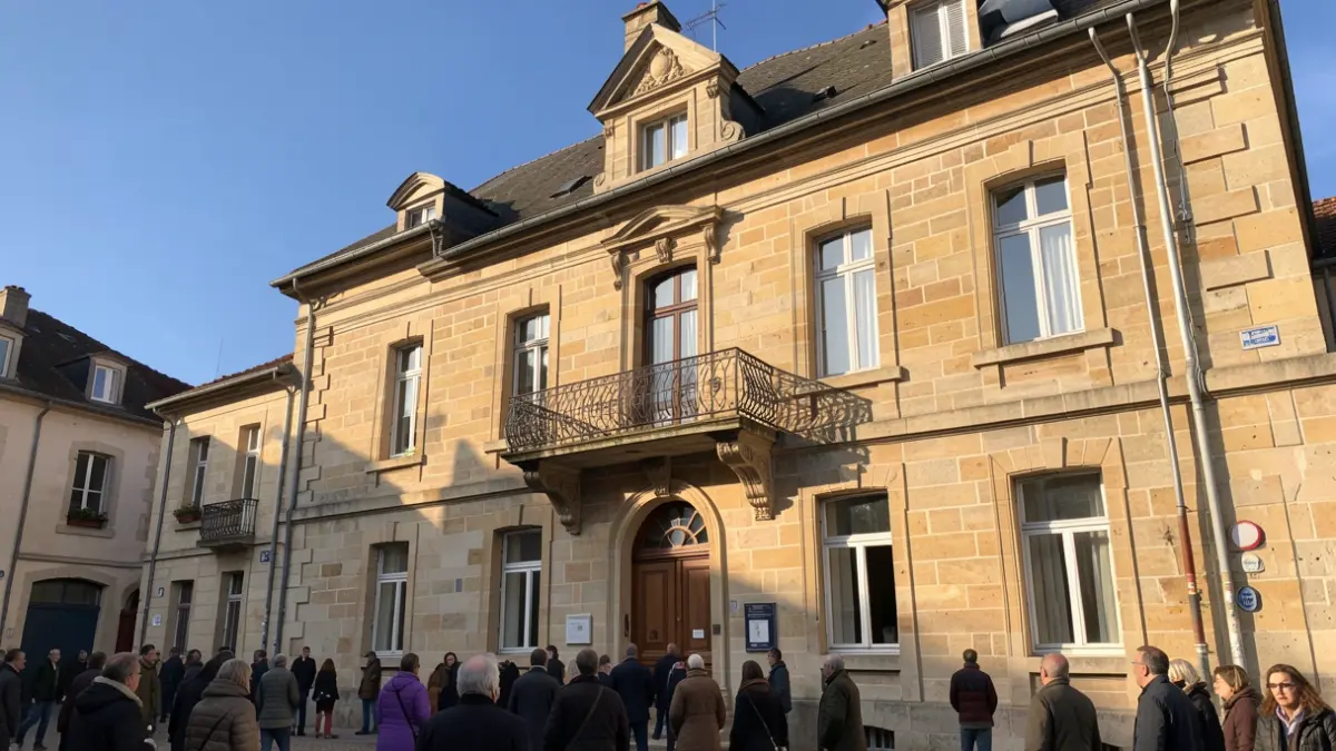 Stone facade of a French town hall with an ornate balcony and iron railings, warm afternoon sunlight casting shadows on the sandstone walls, blue sky, documentary photography style.