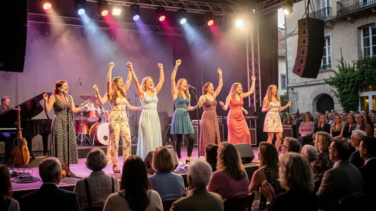 Generic image of a musical performance scene with women on stage, symbolizing strength and friendship, in an atmosphere of hope.