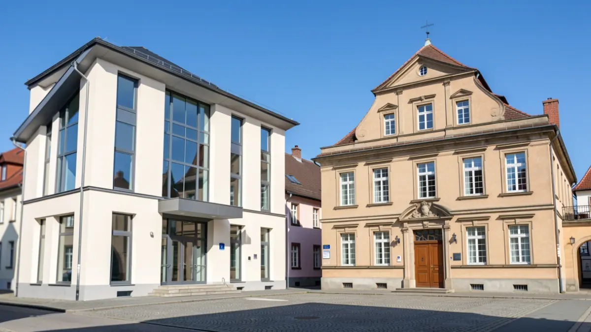 Generic image of two distinct town hall facades, one more modern and the other older, under a clear blue sky. The image suggests cooperation between municipalities.