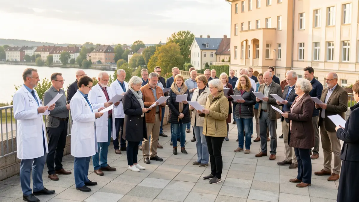 Generic image of a gathering on a hospital esplanade, featuring professionals and choir members. The atmosphere is one of solidarity and warmth.