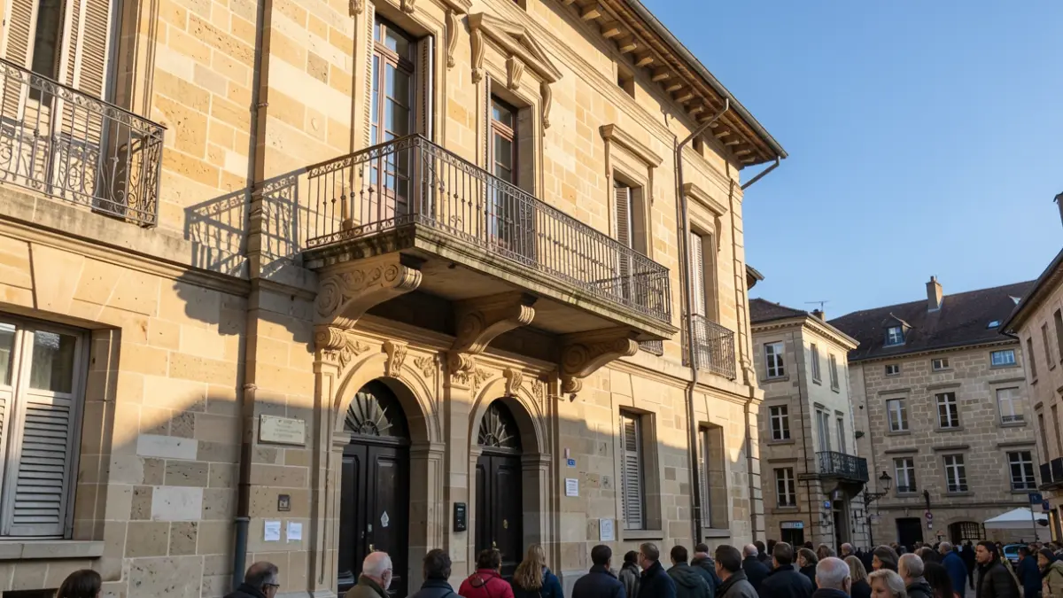 Generic image of a stone town hall facade in the Auvergne-Rhône-Alpes region, with a balcony and iron railings, under the afternoon sun.