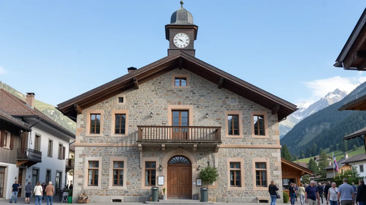 Generic image of the facade of a small town hall in the French Alps, made of local stone, with a balcony and a clock.
