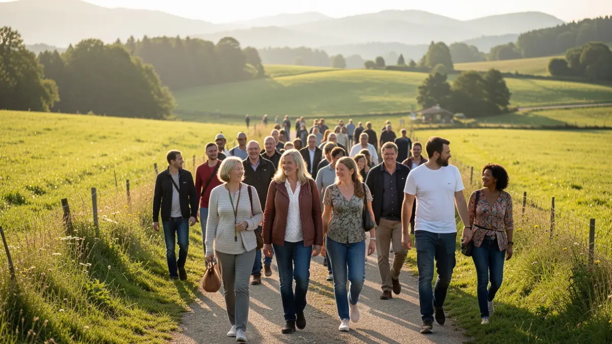 Generic image of people walking in a sunny landscape.