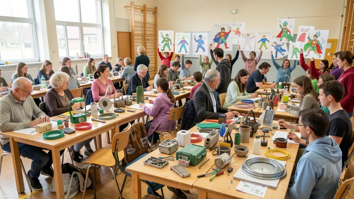 Generic image of people participating in a repair and reuse workshop, with children presenting drawings.