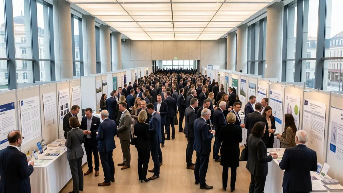 Generic image of a professional gathering with attendees and information booths.