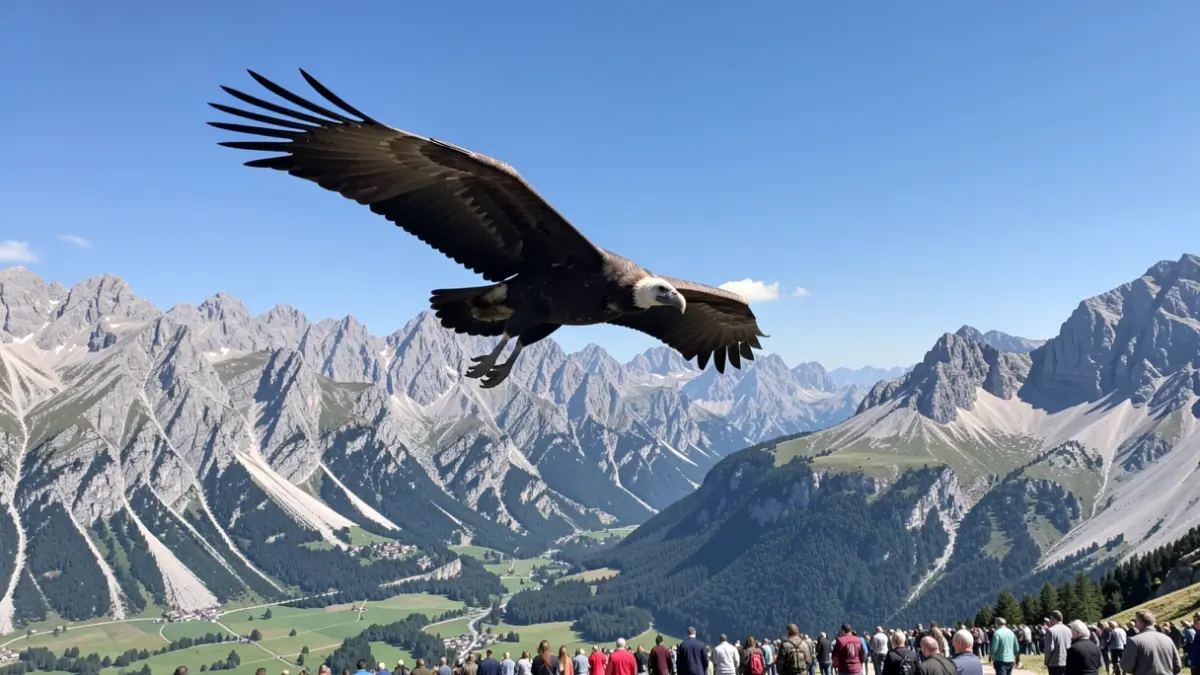 Image générique de vautour moine en vol au-dessus d'un paysage montagneux.