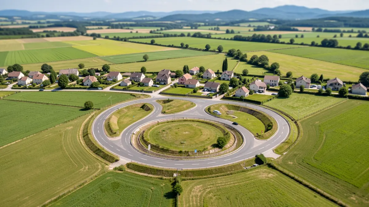 Generic image of a new bypass road encircling a French village, featuring roundabouts and fields.