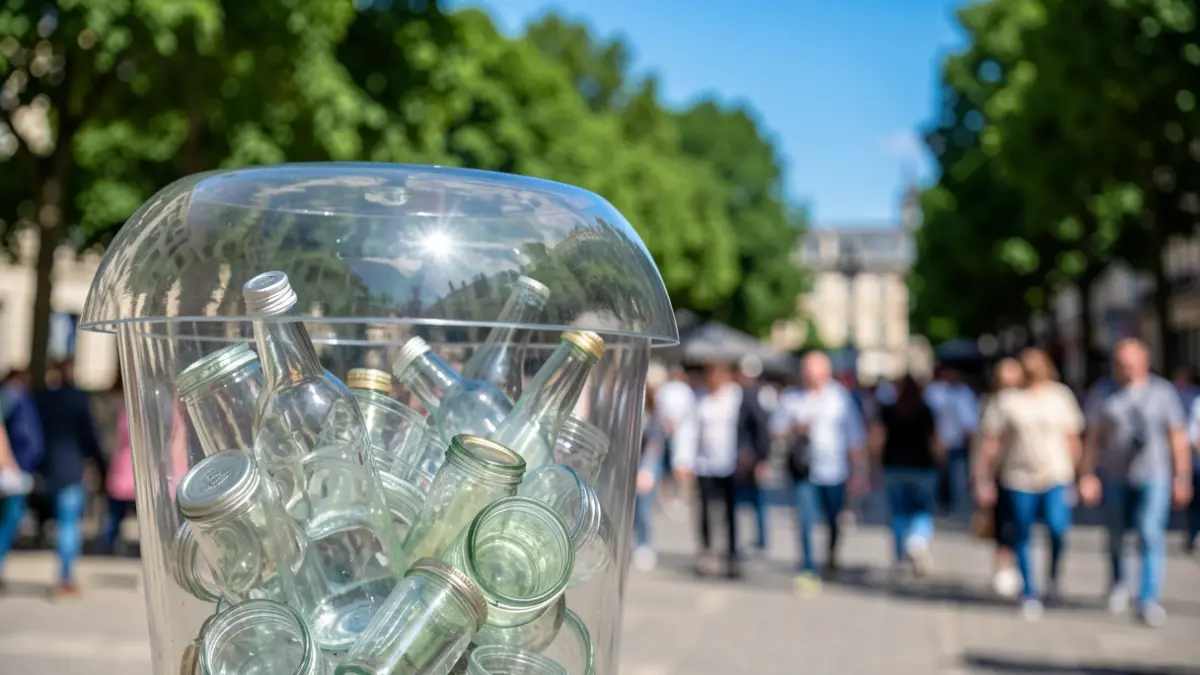 Image générique de colonnes de tri en verre remplies de bouteilles et pots propres, dans un environnement extérieur verdoyant.